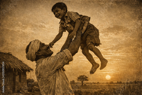 Vintage sepia-toned photograph of a man lifting his young son into the air, capturing an innocent and joyful family moment as the sun sets.
