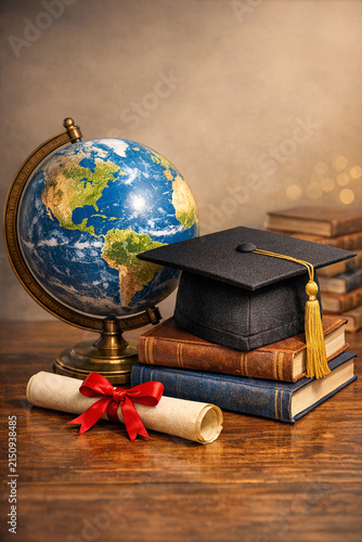 Education success symbolized by books, globe and graduation cap on a wooden desk.