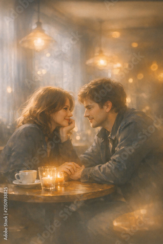 A man and a woman seated at an intimate table, looking into each other's eyes, lit by soft candlelight.