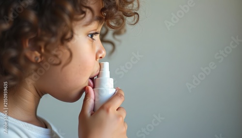 Child nasal spray closeup with young curly toddler administering saline relief into nostril, profile portrait showing gentle hand holding pump, pediatric care and breathing support,