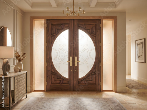 Stately wooden double entry doors featuring circular patterned glass inserts and brass hardware in home entrance