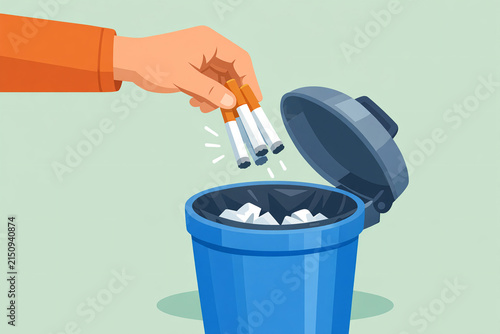 Cigarette butts are being thrown into a blue recycling bin. This illustrates the need for proper waste disposal and environmental awareness.