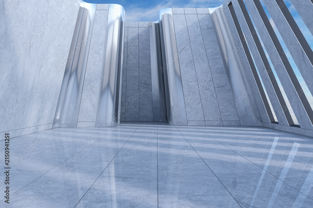 Fototapeta premium Futuristic white architectural interior with polished reflective floor, monumental columns, geometric walls, and blue sky light. 3D Rendering