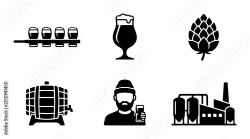 Brewery Icons Set, Craft Beer Elements, Beverage Production Graphics, Alcohol Industry Symbols, Vector Collection