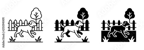Dog running in fenced yard, playful pet icon set, simple line art and silhouette illustrations for animal care and pet ownership themes
