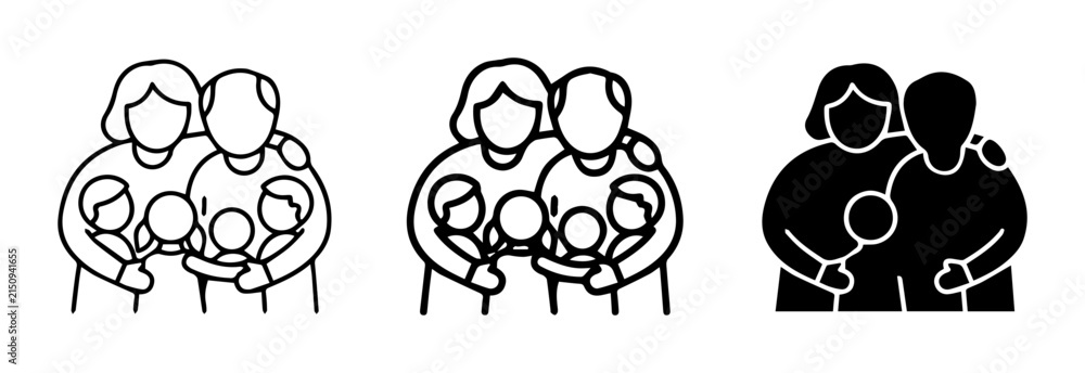 Obraz premium Family Icons Set, Loving Parents Hugging Children, Diverse Generations, Simple Line Art and Silhouette Graphics