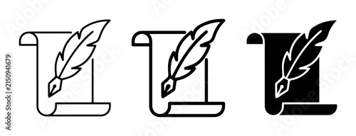 Feather Quill and Scroll Icons, Writing and Literature Symbols, Vintage Manuscript and Pen Set