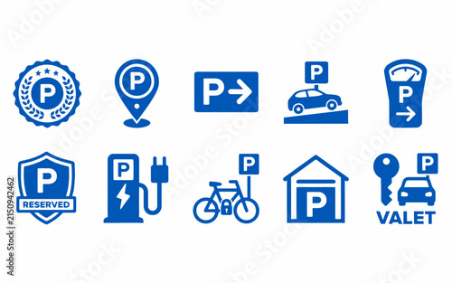 Collection of various parking and transportation related icons with blue design
