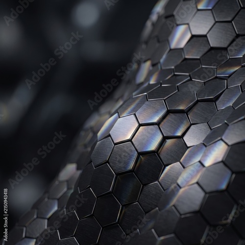 Black Hexagonal Metal Surface with Iridescent Reflections