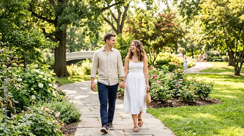 Fototapeta premium Happy couple holding hands while walking on a park path in summer