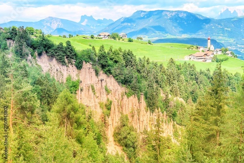 Obraz na plátně Earth Pyramids of Renon near Collalbo with Dolomites Backdrop, South Tyrol, Ital