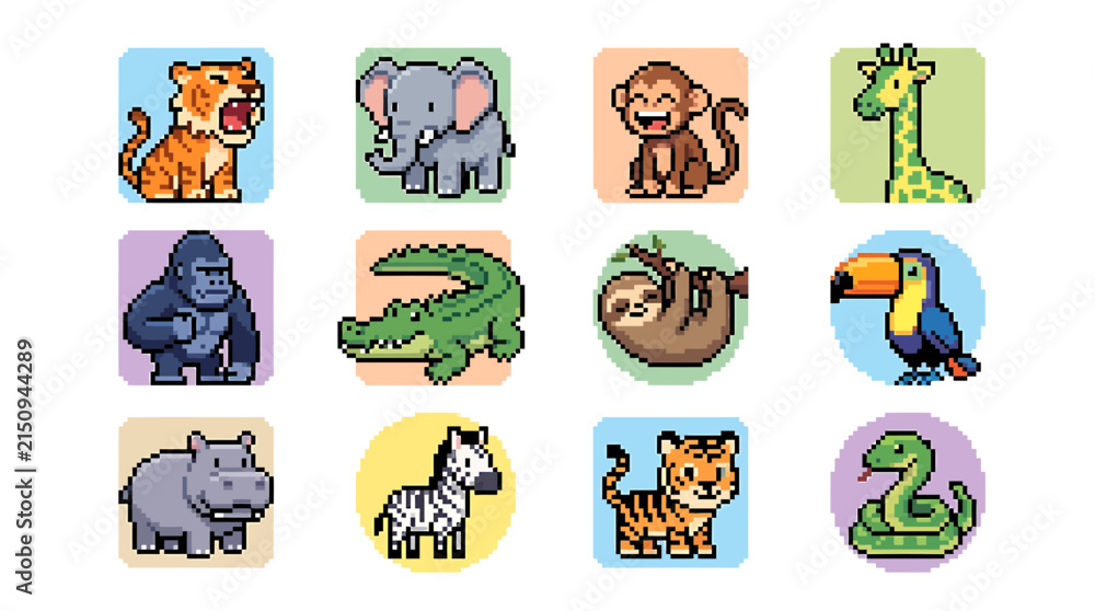 Fototapeta premium Set of twelve minimalist digital pixel art icons featuring various wild animals designed for gaming and mobile applications