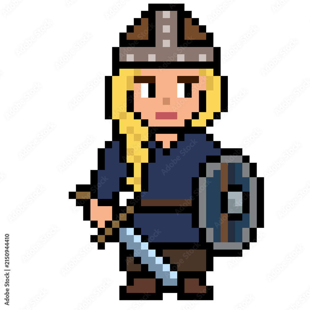 Obraz premium 8-bit pixel art blonde viking woman shieldmaiden in blue tunic holding sword for 2d game asset