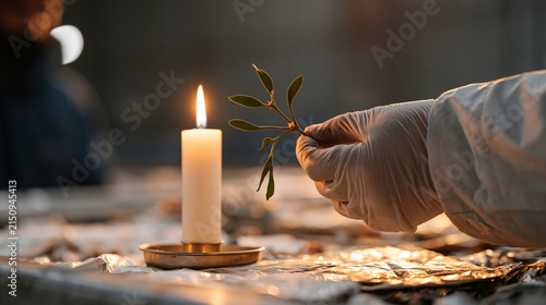A recycling sorter in protective gloves holds up a single mistletoe sprig found among sorted materials on a candlelit sorting station, the isolated object glowing against the dark