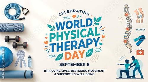 World Physical Therapy Day banner with fitness equipment and medical rehabilitation icons.