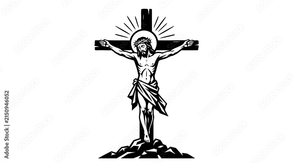 Fototapeta premium Vector illustration of Jesus Christ crucifixion on the cross, black and white Christian symbol