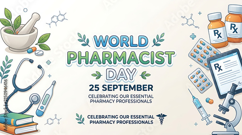 World Pharmacist Day banner with medical equipment and pharmacy supplies illustration