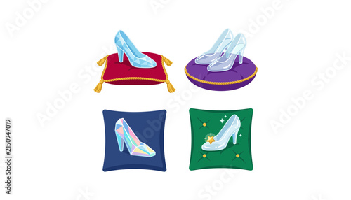 Foto Crystal Glass Slippers on Velvet Pillows Vector Set for Fairytale Magic, Princess Themes, Cinderella Stories, and Fantasy Birthday Party Designs