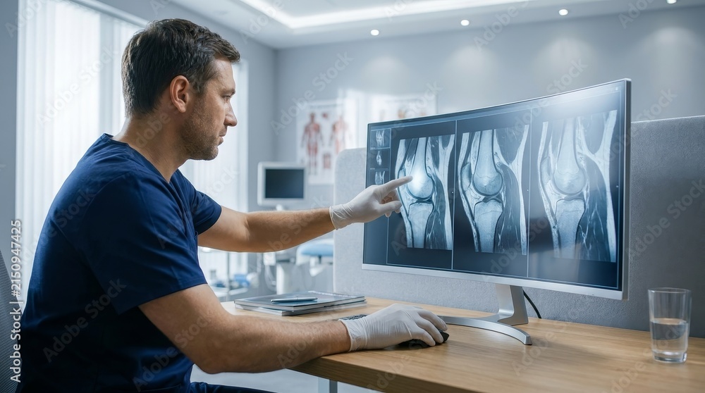 Fototapeta premium Male doctor in blue scrubs and white gloves reviews knee x-rays and MRI scans on large monitor in medical office.