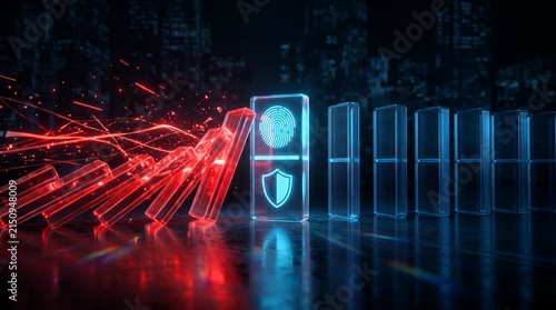 Glowing glass dominoes stop falling when hitting a resilient digital fingerprint shield with bright neon red and blue light effects