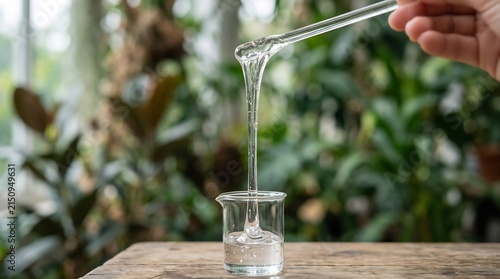 Plakat w ramie hand pouring clear viscous liquid into glass beaker with natural background