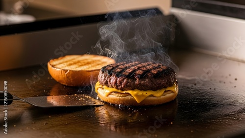 Steaming Fresh Cheeseburger Patty Sizzling on a Professional Kitchen Griddle