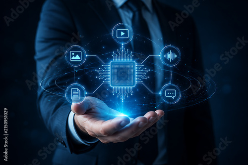 Business professional presenting artificial intelligence processor with connected image video audio document and messaging icons representing automated multimedia content processing and digital 