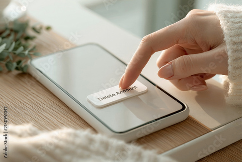 Finger pressing delete account button on smartphone screen showing digital privacy data removal and mobile app user interface control