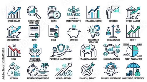 Investment icons collection illustrates financial growth strategies and portfolio management concepts for modern banking and market analysis.