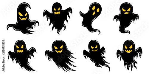 Scary Halloween Ghost Silhouette Set. Spooky Black Phantoms with Glowing Yellow Eyes