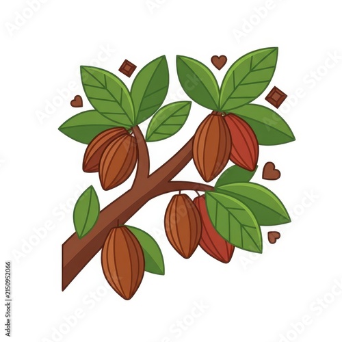 Cacao tree branch with pods and chocolate squares