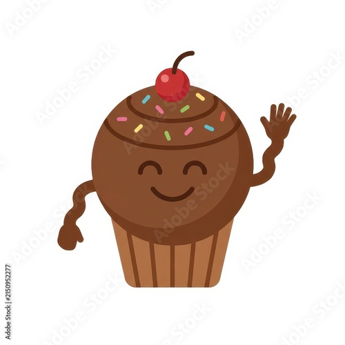 Happy chocolate cupcake waving hello