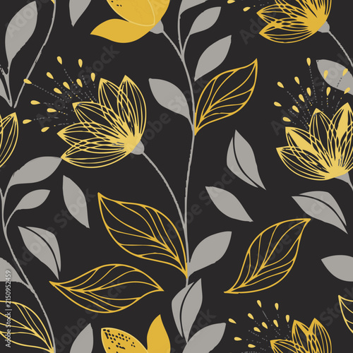 Elegant floral vector pattern featuring yellow outlined blooms and gray foliage on black. Ideal for textiles and wallpapers.