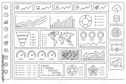 Business analytics dashboard with data visualization, charts, KPI metrics, world map and performance indicators in minimalist line art style.