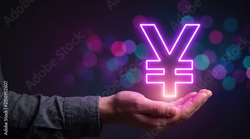 Glowing neon yen currency symbol held in hand, japanese money sign, financial investment, asian economy, cryptocurrency or digital cash representation, futuristic finance