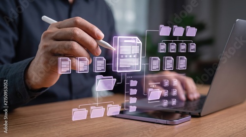 Person organizing digital files and folders in hierarchical tree structure, cloud storage data management, file system architecture and information organization for efficient