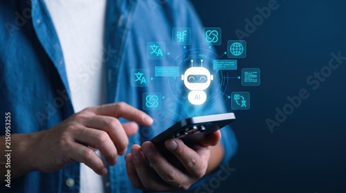 Man holding smartphone with AI robot chatbot hologram, artificial intelligence communication, virtual assistant technology, automated customer service, machine learning interaction