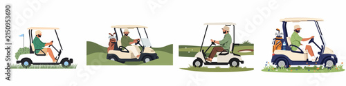 Set of Vector Illustrations Featuring a Man Driving a Golf Cart on a Green Field; Collection of Golf Buggy Vehicles with Clubs and Equipment for Leisure, Sports, and Outdoor Lifestyle Graphics