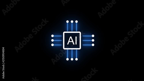 Futuristic Artificial Intelligence Microchip Icon on Black Background for Machine Learning and Tech