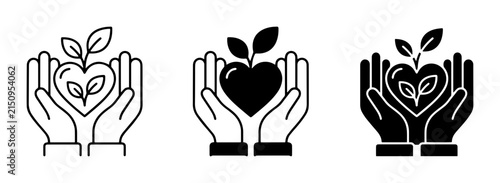Hands holding heart with growing plant, symbol of care, growth, and love, vector icons