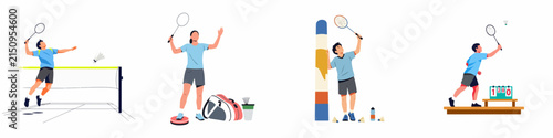 Set of professional badminton players in action and resting poses, featuring athletes with rackets and shuttlecocks in a flat vector style for sports training and competition concepts.