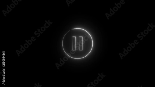 Glowing white Neon Pause Button Circle Icon for Video Player UI Motion