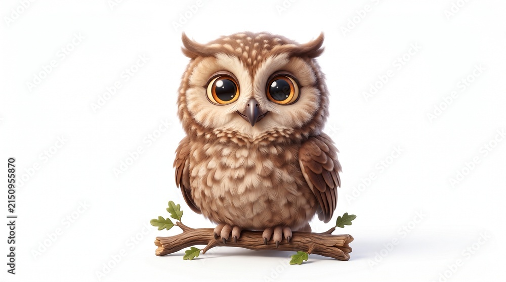 Obraz premium A cute fluffy cartoon baby owl with big golden eyes, brown spotted feathers, and tiny ear tufts. Perched on a small branch with green leaves, white background.