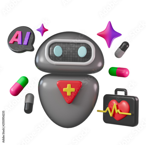 AI Chatbot with health care related icons. Artificial intelligence in medical field. Healthcare technology concept. 3D render isolated design