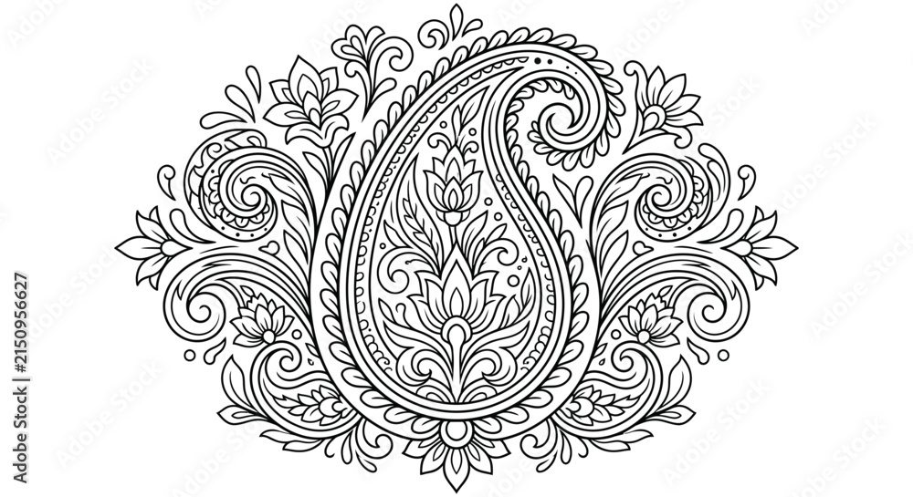 Fototapeta premium Intricate paisley floral ornament with detailed swirls and curves black silhouette