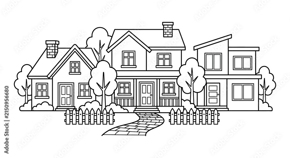 Fototapeta premium Detailed house facade with picket fence and landscaping is a black silhouette