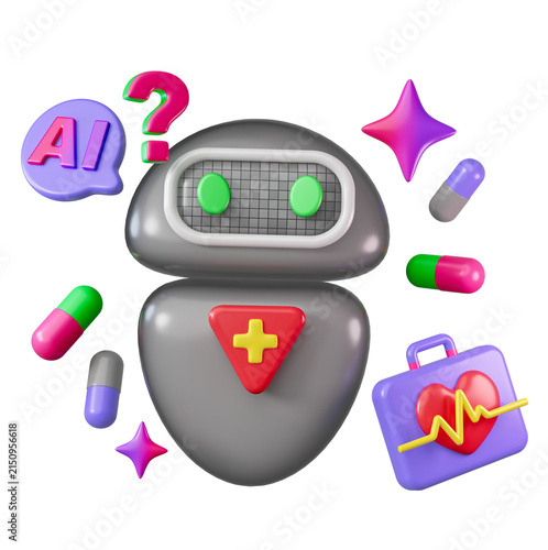 AI Chatbot with health care related icons. Artificial intelligence in medical field. Healthcare technology concept. 3D render isolated design