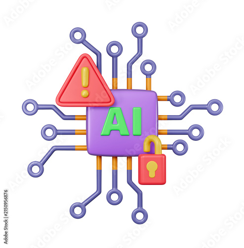 Warning alert icon over AI processor circuit. concept of potential technology risks, data breaches and machine learning vulnerabilities. 3D render