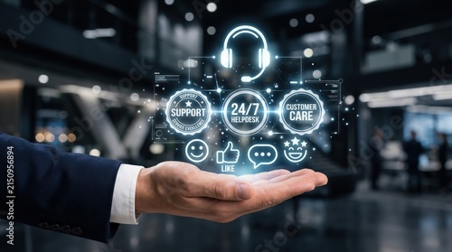 Businessman hand holding futuristic hologram of customer support, 24/7 helpdesk service excellence with digital icons for care and satisfaction in modern office environment.