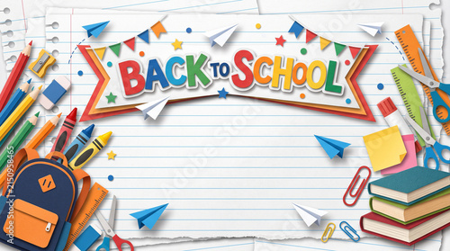 back to school paper cut art design with school supplies on lined paper background